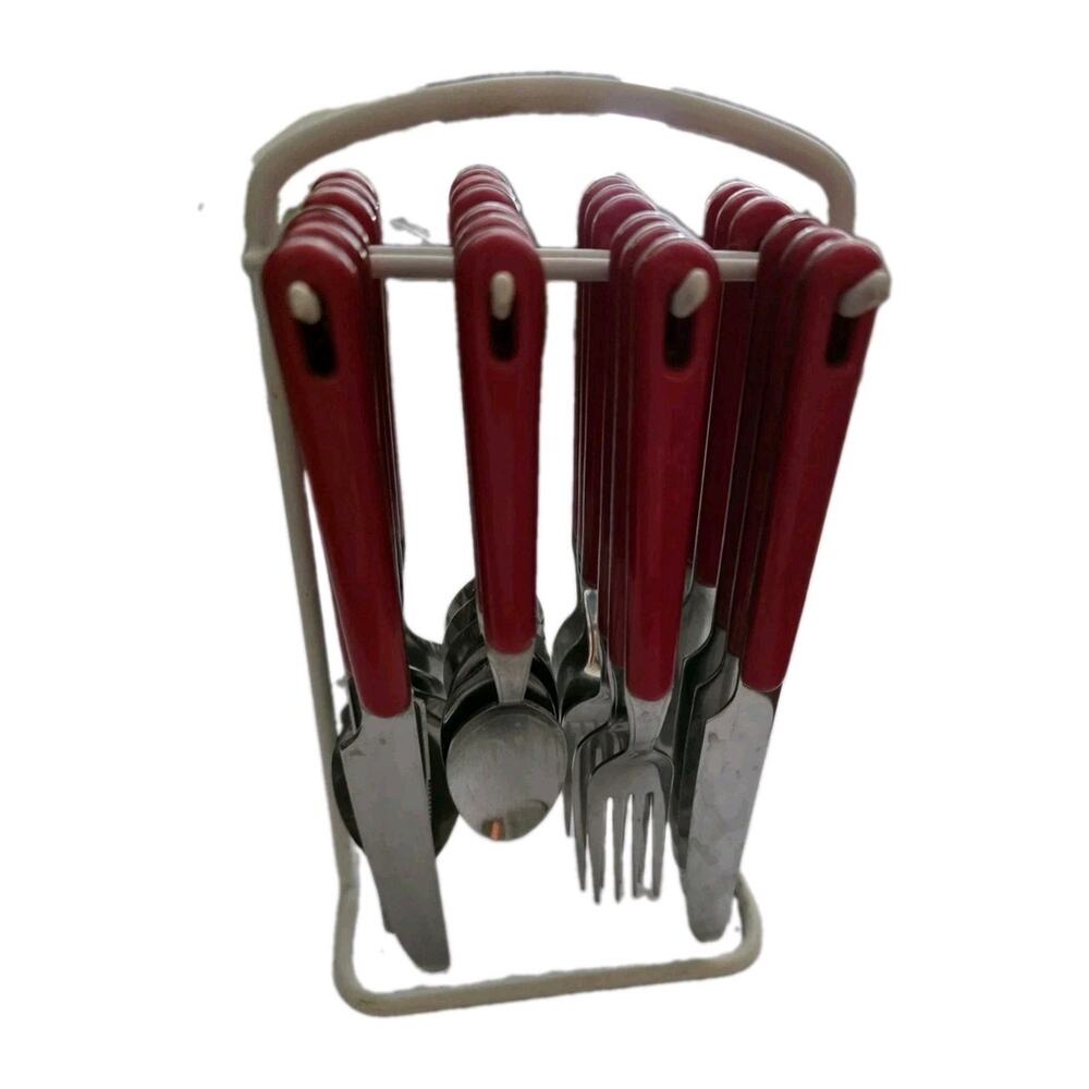 Vintage Stainless Red Hanging Flatware Set 24pc w Caddy Retro MCM Thailand